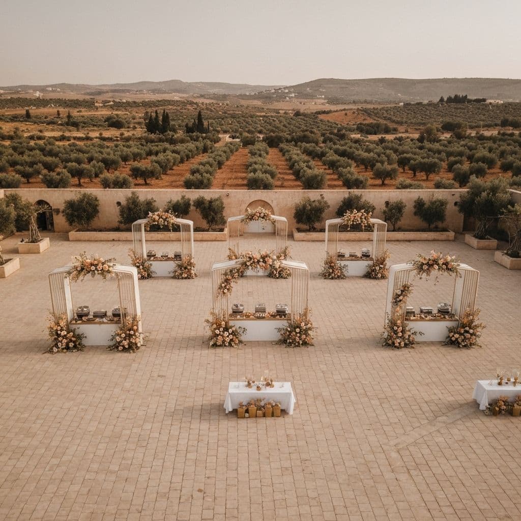 Stands gourmands installés lors d'une réception de mariage en Tunisie